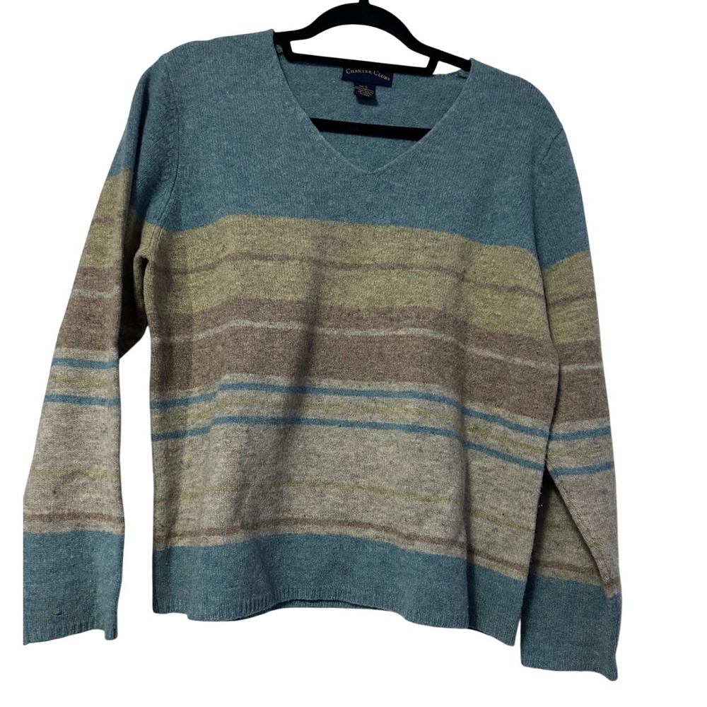 Charter Club Womens Vintage‎ Blue Striped 100% Lambswool V-Neck Sweater Size L